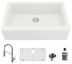Karran 34" Quartz Composite Farmhouse Sink with Stainless Steel Faucet and Accessories, White, QA740WH210SS