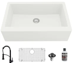 Karran 34" Quartz Composite Farmhouse Sink with Matte Black Faucet and Accessories, White, QA740WH210MB