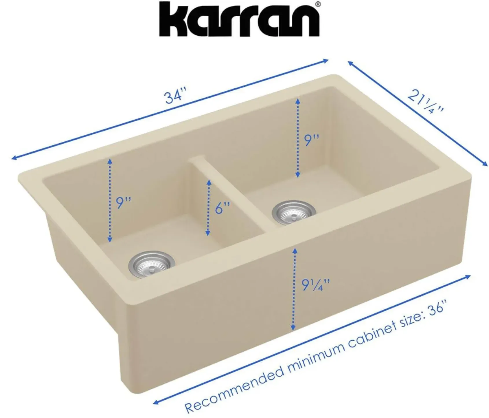 Karran 34" Quartz Composite Farmhouse Sink, 50/50 Double Bowl, Bisque, QA-750-BI