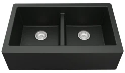 Karran 34" Quartz Composite Farmhouse Sink, 50/50 Double Bowl, Black, QA-750-BL