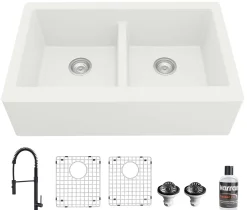 Karran 34" Quartz Composite Farmhouse Sink with Matte Black Faucet and Accessories, 50/50 Double Bowl, White, QA750WH220MB