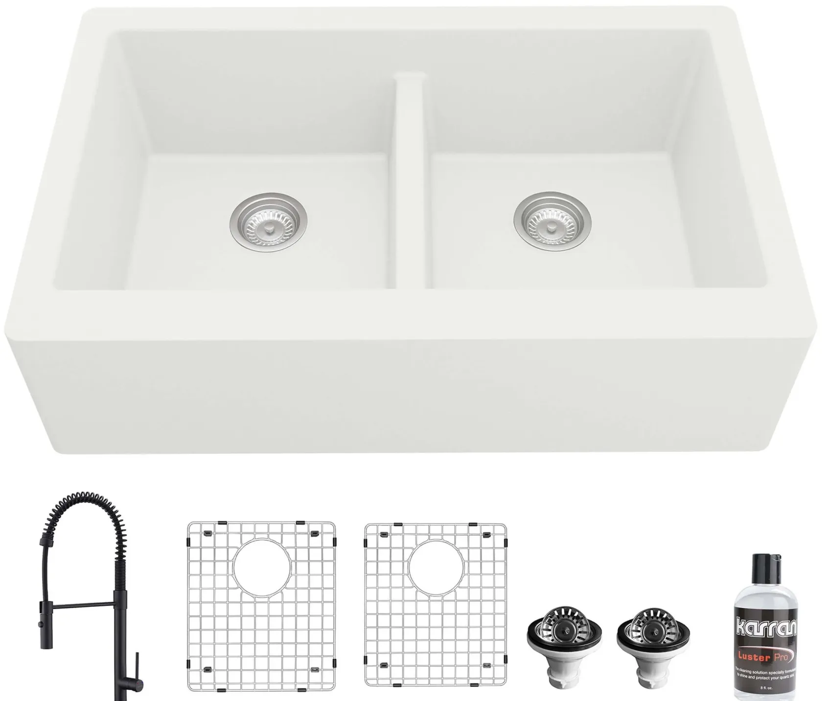 Karran 34" Quartz Composite Farmhouse Sink with Matte Black Faucet and Accessories, 50/50 Double Bowl, White, QA750WH220MB