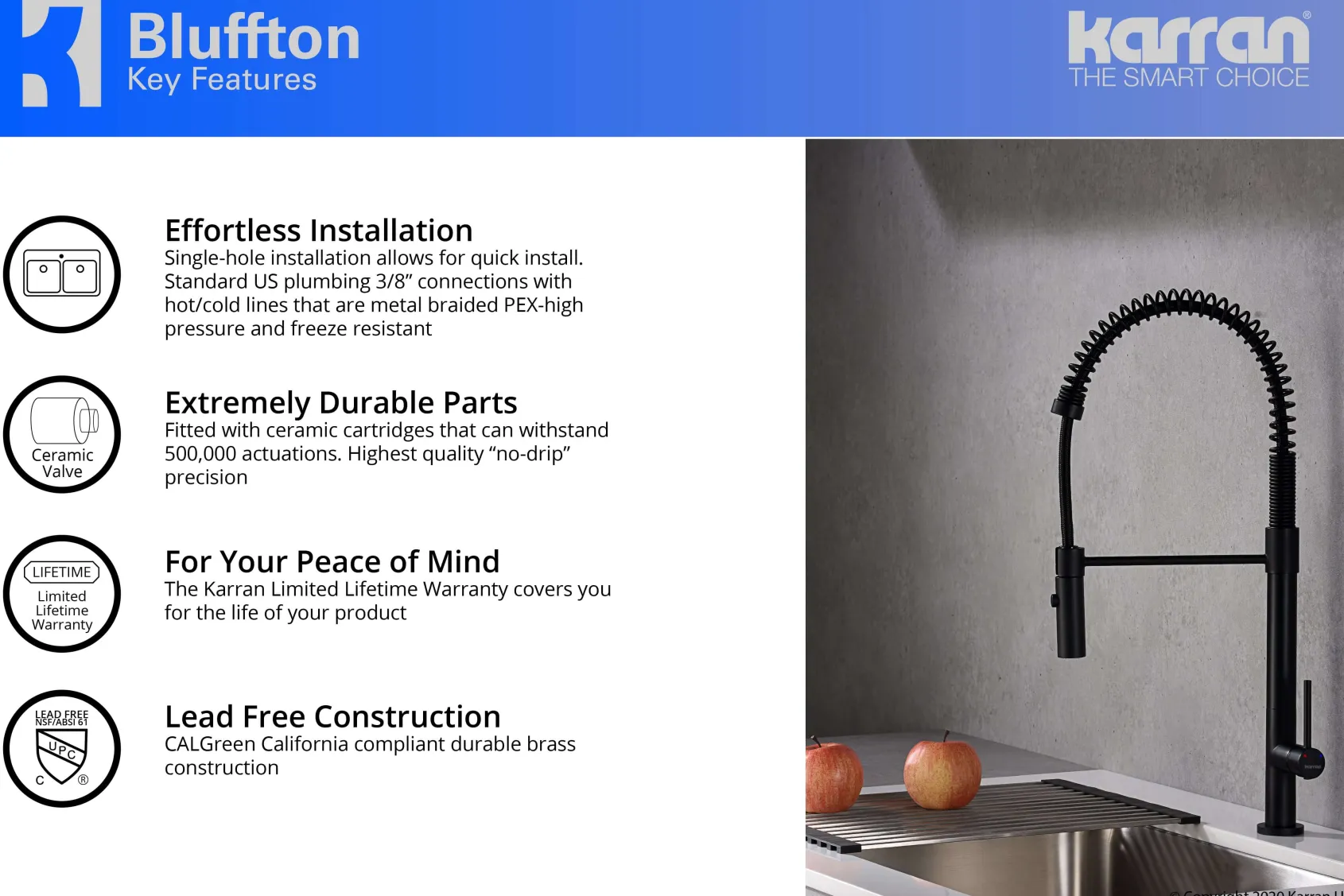 Karran 34" Quartz Composite Farmhouse Sink with Matte Black Faucet and Accessories, 50/50 Double Bowl, White, QA750WH220MB