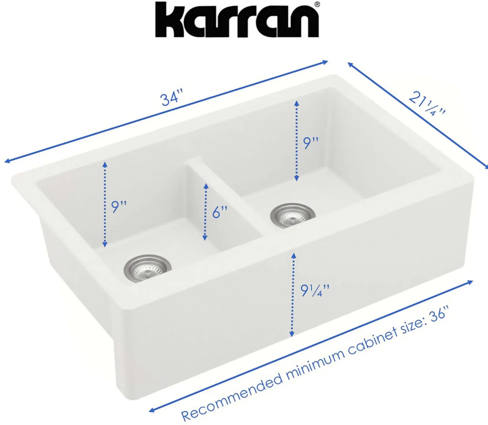 Karran 34" Quartz Composite Farmhouse Sink with Matte Black Faucet and Accessories, 50/50 Double Bowl, White, QA750WH220MB