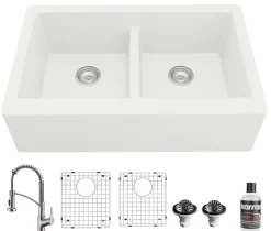 Karran 34" Quartz Composite Farmhouse Sink with Stainless Steel Faucet and Accessories, 50/50 Double Bowl, White, QA750WH210SS