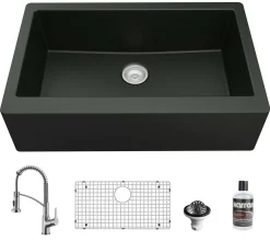 Karran 34" Quartz Composite Farmhouse Sink with Stainless Steel Faucet and Accessories, Black, QA740BL210SS