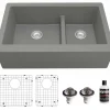 Karran 34" Quartz Composite Farmhouse Sink, 60/40 Double Bowl, Grey, QA-760-GR-PK1