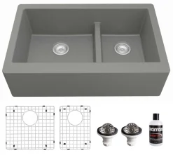 Karran 34" Quartz Composite Farmhouse Sink, 60/40 Double Bowl, Grey, QA-760-GR-PK1
