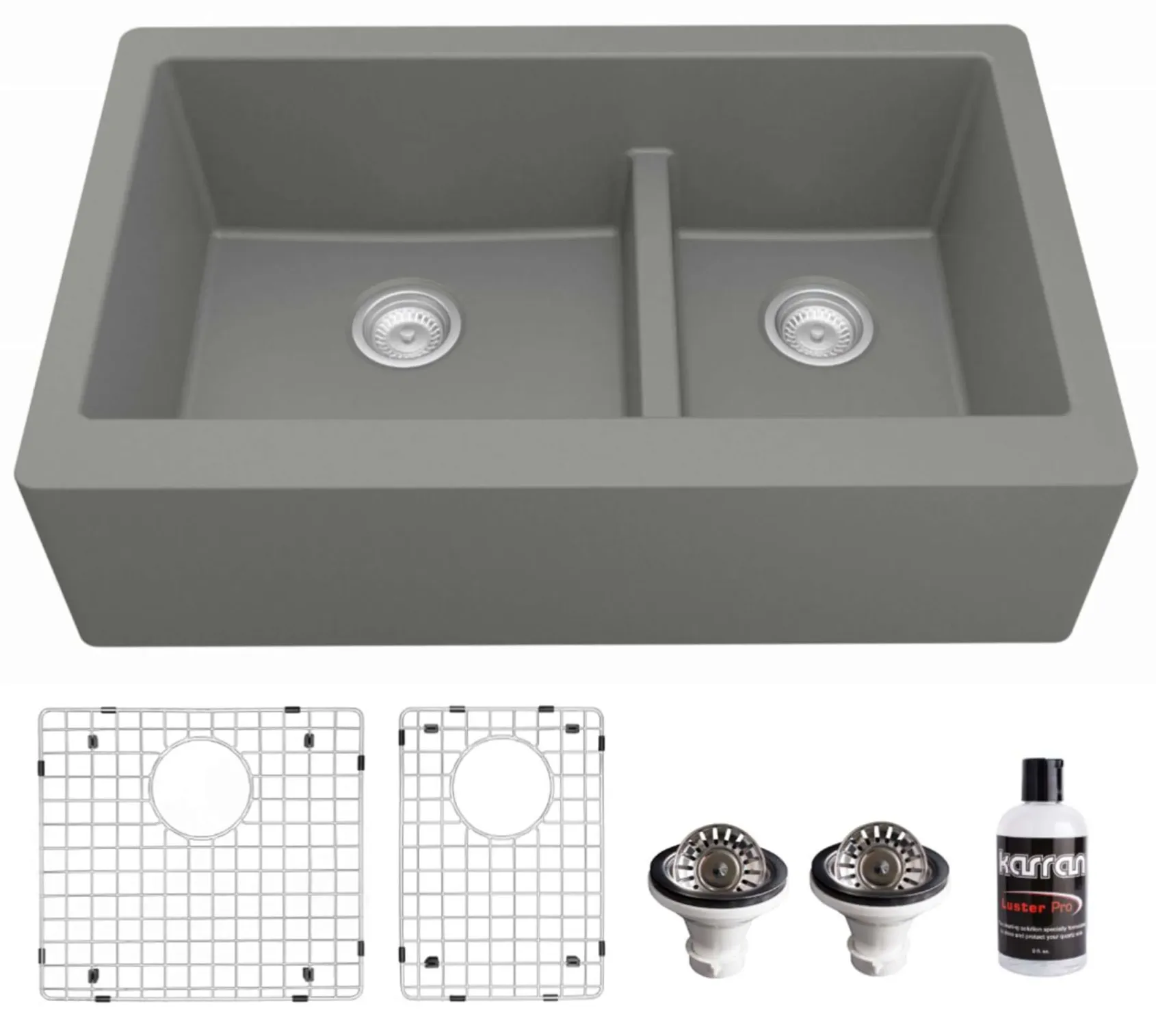 Karran 34" Quartz Composite Farmhouse Sink, 60/40 Double Bowl, Grey, QA-760-GR-PK1