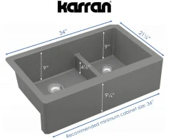 Karran 34" Quartz Composite Farmhouse Sink, 60/40 Double Bowl, Grey, QA-760-GR