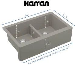 Karran 34" Quartz Composite Farmhouse Sink, 50/50 Double Bowl, Concrete, QA-750-CN