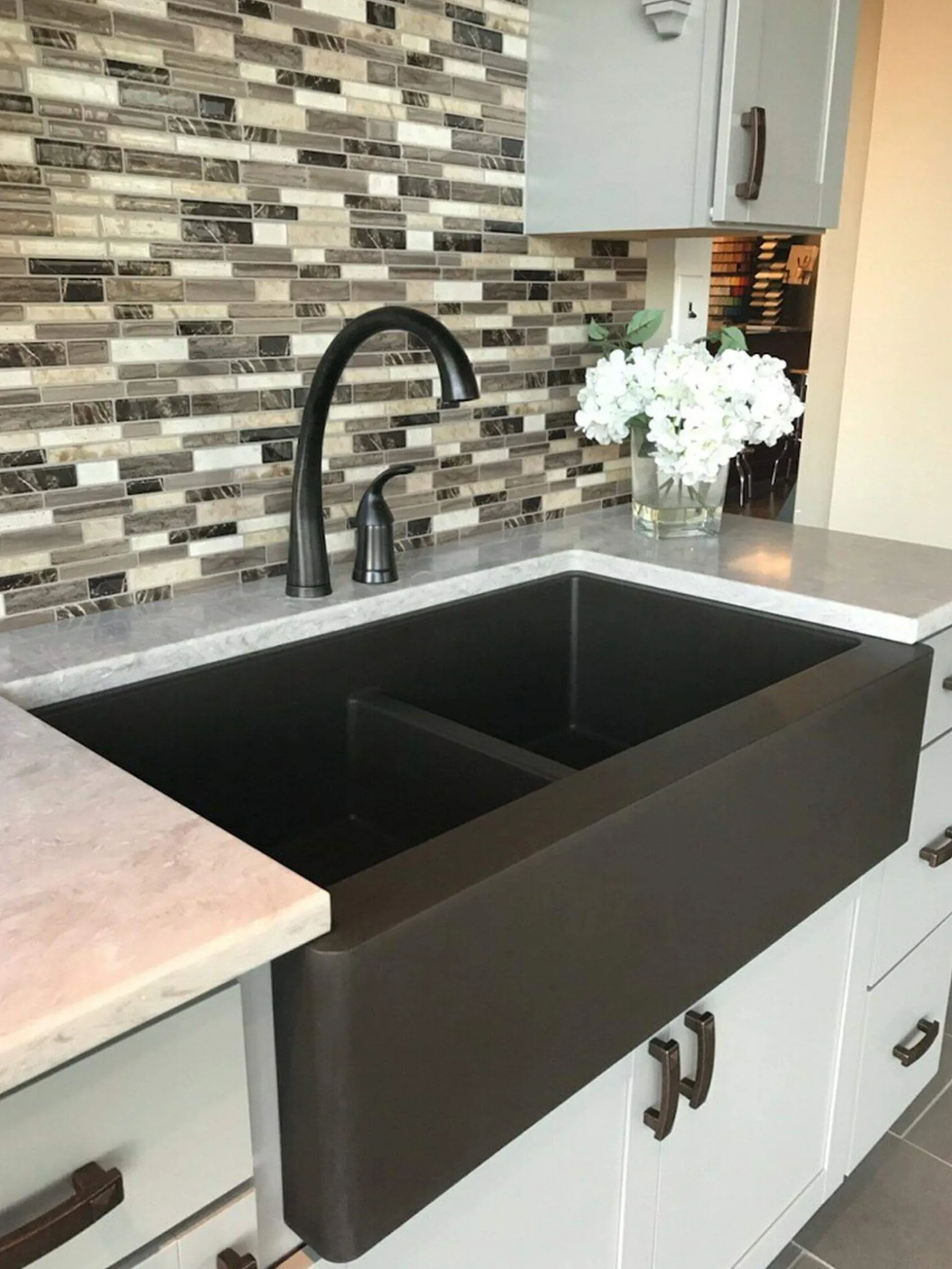 Karran 34" Quartz Composite Farmhouse Sink, 50/50 Double Bowl, Brown, QA-750-BR