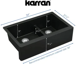 Karran 34" Quartz Composite Farmhouse Sink, 60/40 Double Bowl, Black, QA-760-BL