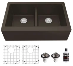 Karran 34" Quartz Composite Farmhouse Sink, 50/50 Double Bowl, Brown, QA-750-BR-PK1