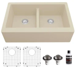 Karran 34" Quartz Composite Farmhouse Sink, 50/50 Double Bowl, Bisque, QA-750-BI-PK1
