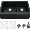 Karran 34" Quartz Composite Farmhouse Sink, 60/40 Double Bowl, Black, QA-760-BL-PK1