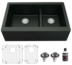 Karran 34" Quartz Composite Farmhouse Sink, 60/40 Double Bowl, Black, QA-760-BL-PK1