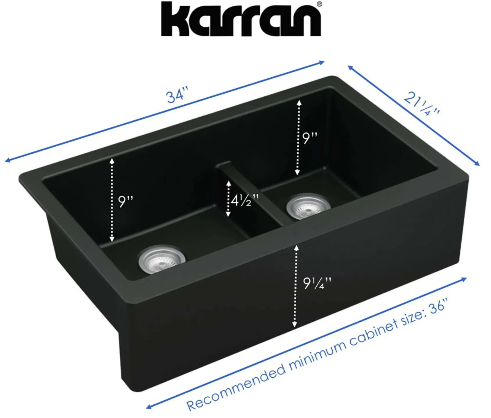 Karran 34" Quartz Composite Farmhouse Sink, 60/40 Double Bowl, Black, QA-760-BL-PK1