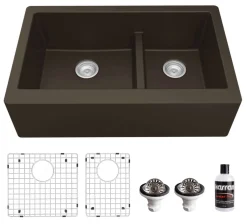 Karran 34" Quartz Composite Farmhouse Sink, 60/40 Double Bowl, Brown, QA-760-BR-PK1