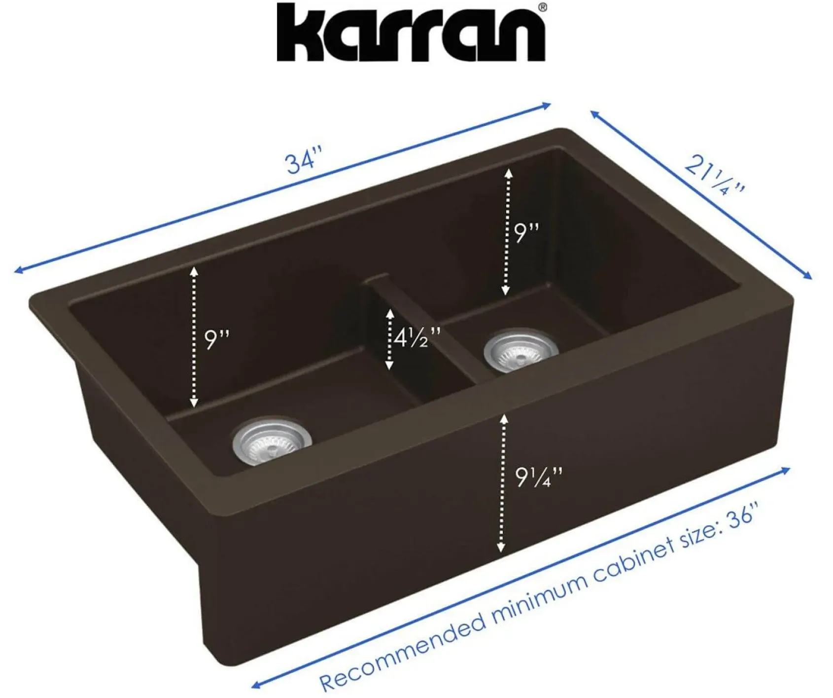 Karran 34" Quartz Composite Farmhouse Sink, 60/40 Double Bowl, Brown, QA-760-BR