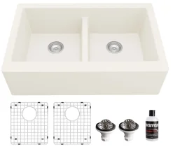 Karran 34" Quartz Composite Farmhouse Sink, 50/50 Double Bowl, White, QA-750-WH-PK1