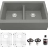 Karran 34" Quartz Composite Farmhouse Sink, 50/50 Double Bowl, Grey, QA-750-GR-PK1