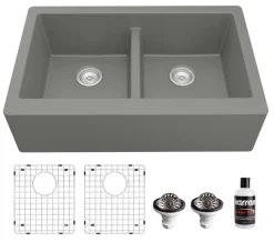 Karran 34" Quartz Composite Farmhouse Sink, 50/50 Double Bowl, Grey, QA-750-GR-PK1
