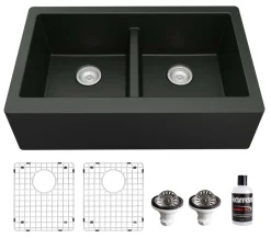 Karran 34" Quartz Composite Farmhouse Sink, 50/50 Double Bowl, Black, QA-750-BL-PK1
