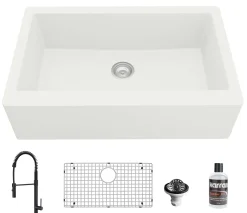 Karran 34" Quartz Composite Farmhouse Sink with Matte Black Faucet and Accessories, White, QA740WH220MB