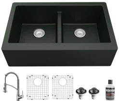 Karran 34" Quartz Composite Farmhouse Sink with Stainless Steel Faucet and Accessories, 50/50 Double Bowl, Black, QA750BL210SS