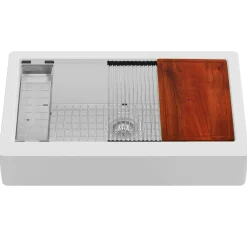 Karran 34" Quartz Composite Retrofit Workstation Farmhouse Sink with Accessories, White, QARWS-740-WH