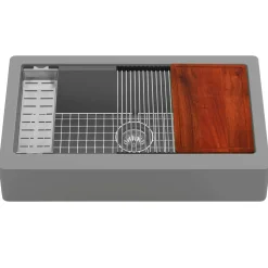 Karran 34" Quartz Composite Retrofit Workstation Farmhouse Sink with Accessories, Grey, QARWS-740-GR