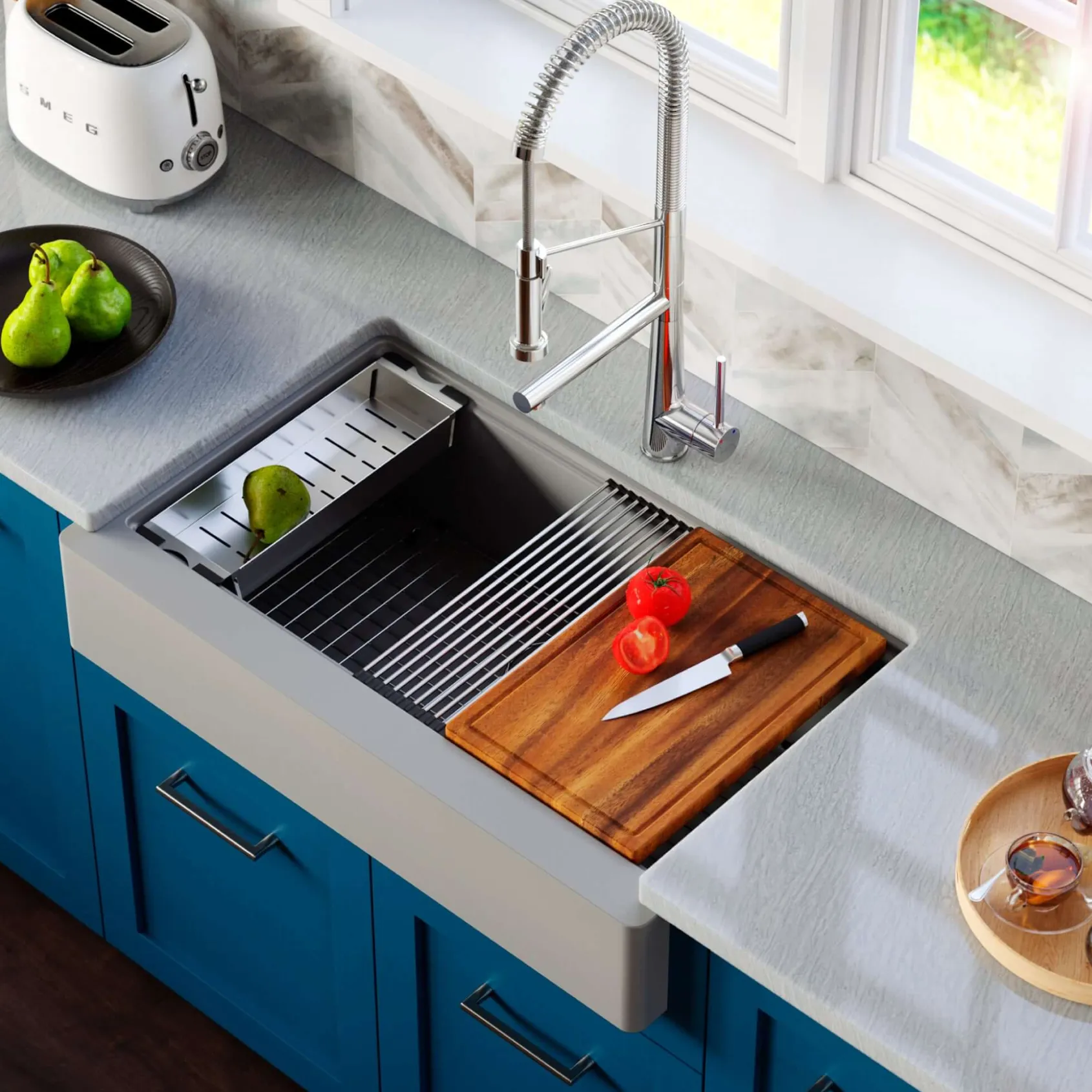 Karran 34" Quartz Composite Retrofit Workstation Farmhouse Sink with Accessories, Grey, QARWS-740-GR