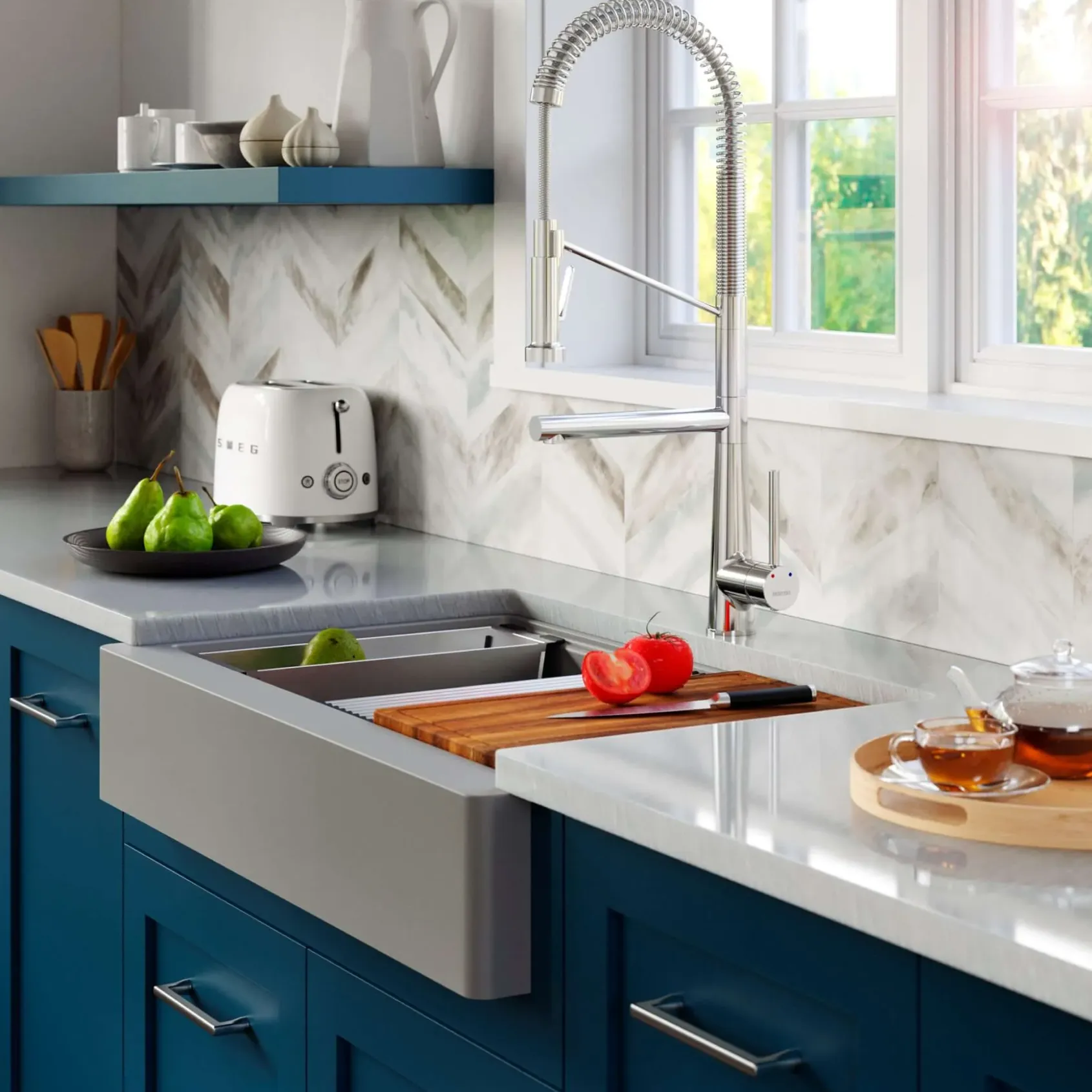 Karran 34" Quartz Composite Retrofit Workstation Farmhouse Sink with Accessories, Grey, QARWS-740-GR
