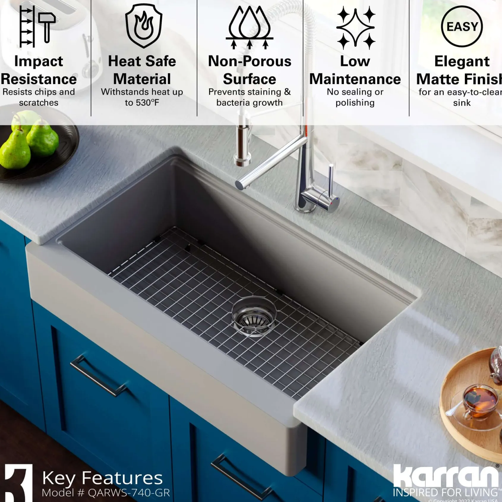 Karran 34" Quartz Composite Retrofit Workstation Farmhouse Sink with Accessories, Grey, QARWS-740-GR