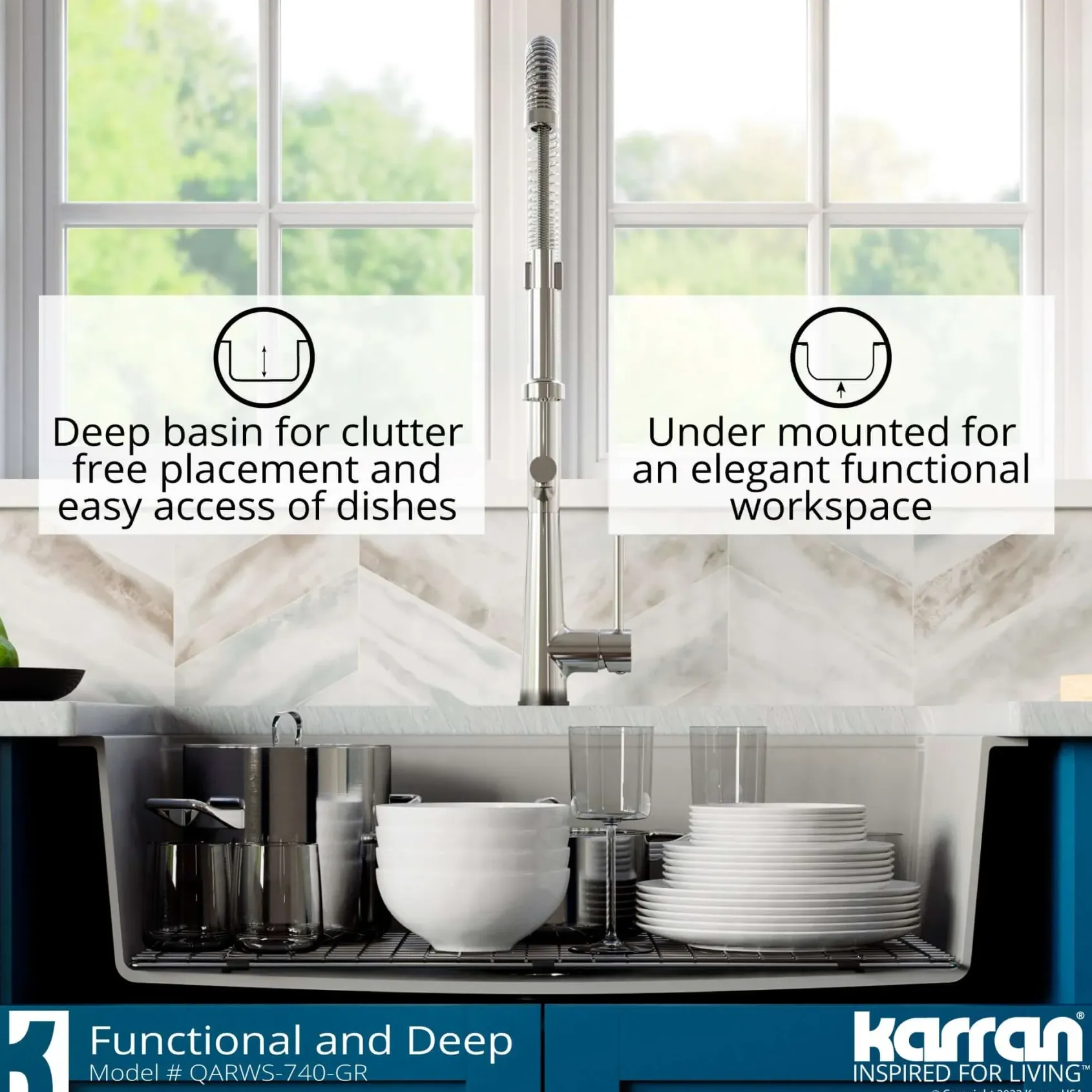 Karran 34" Quartz Composite Retrofit Workstation Farmhouse Sink with Accessories, Grey, QARWS-740-GR