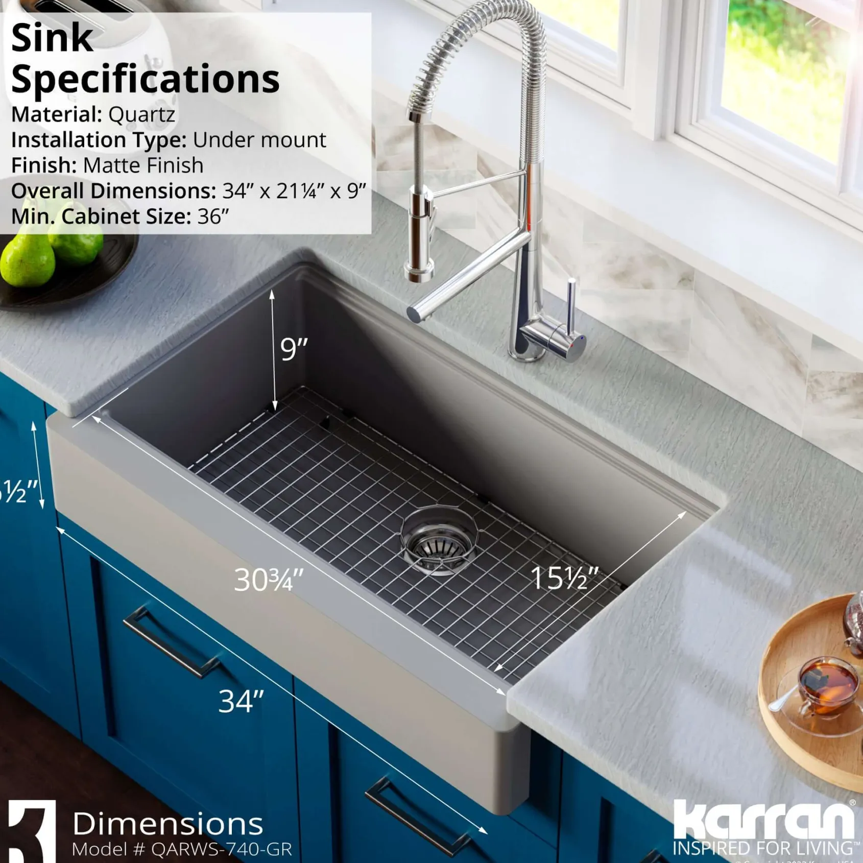 Karran 34" Quartz Composite Retrofit Workstation Farmhouse Sink with Accessories, Grey, QARWS-740-GR