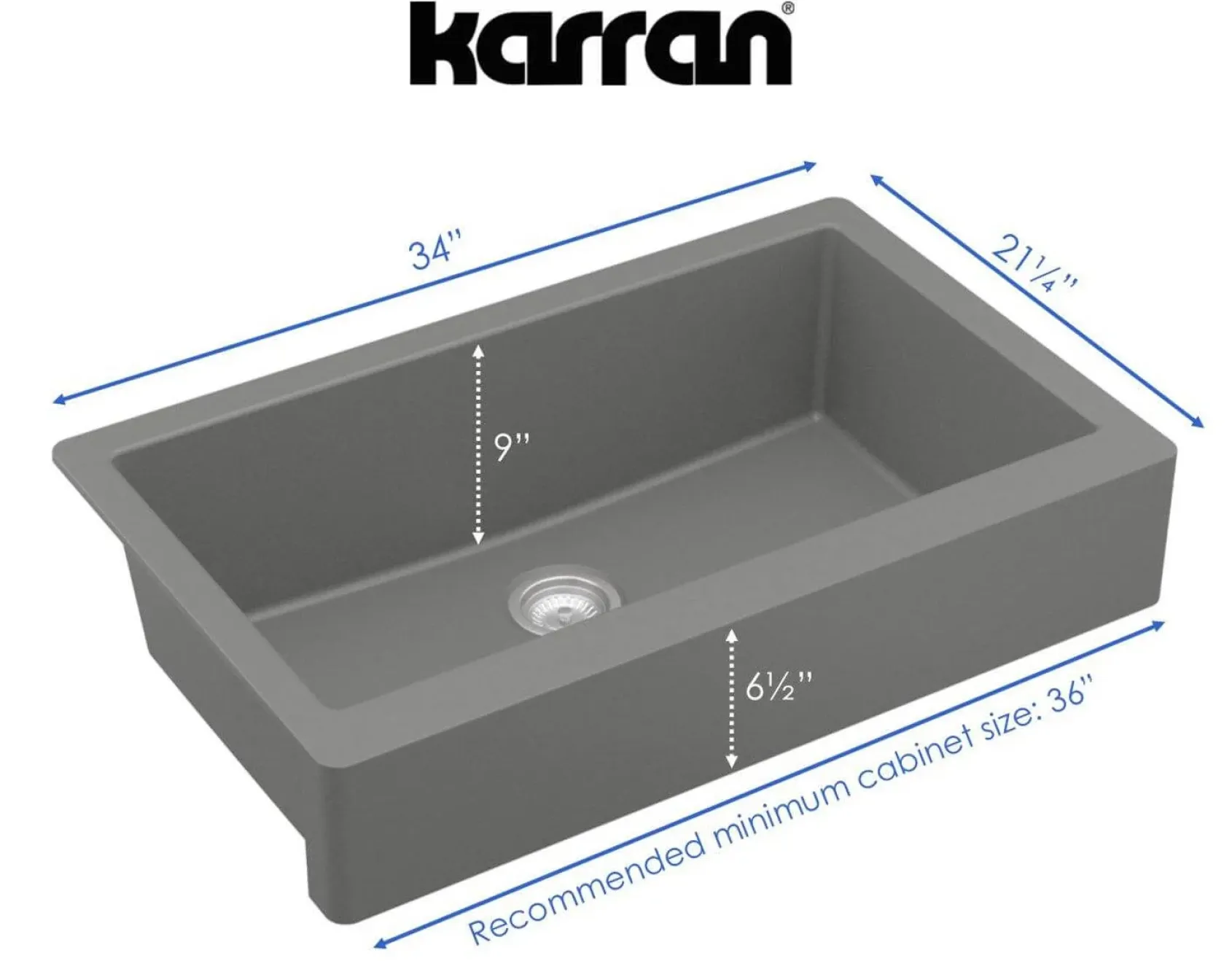 Karran 34" Quartz Composite Retrofit Farmhouse Sink, Grey, QAR-740-GR