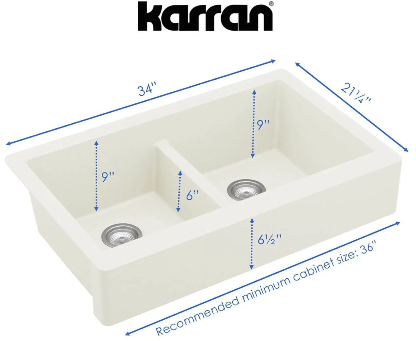 Karran 34" Quartz Composite Retrofit Farmhouse Sink, 50/50 Double Bowl, White, QAR-750-WH