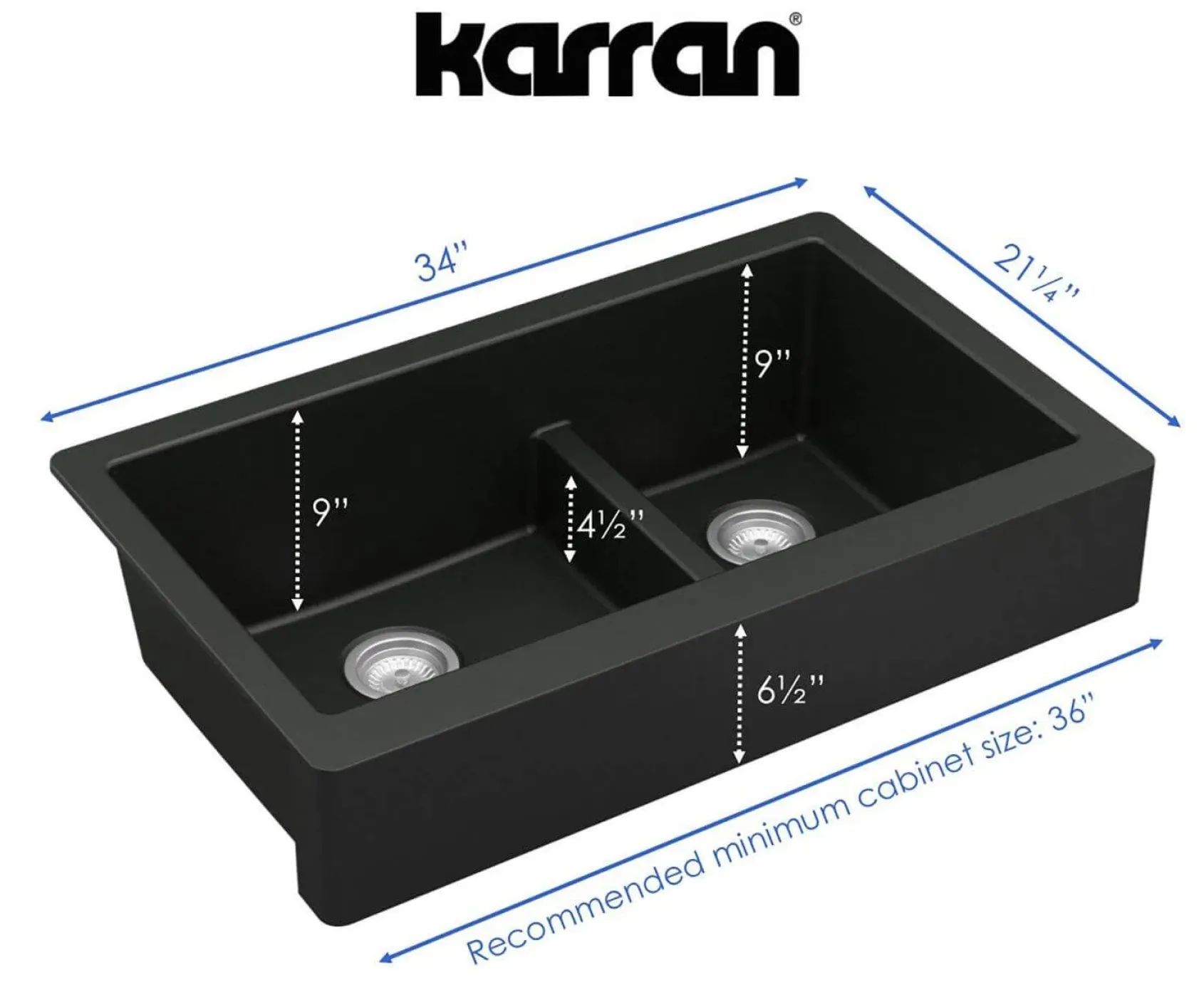 Karran 34" Quartz Composite Retrofit Farmhouse Sink, 60/40 Double Bowl, Black, QAR-760-BL