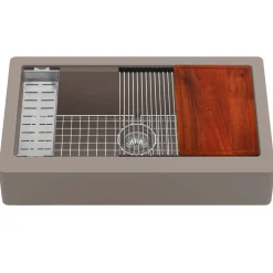 Karran 34" Quartz Composite Retrofit Workstation Farmhouse Sink with Accessories, Concrete, QARWS-740-CN