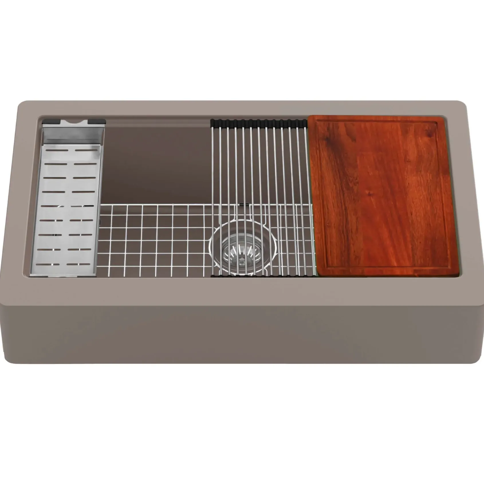 Karran 34" Quartz Composite Retrofit Workstation Farmhouse Sink with Accessories, Concrete, QARWS-740-CN