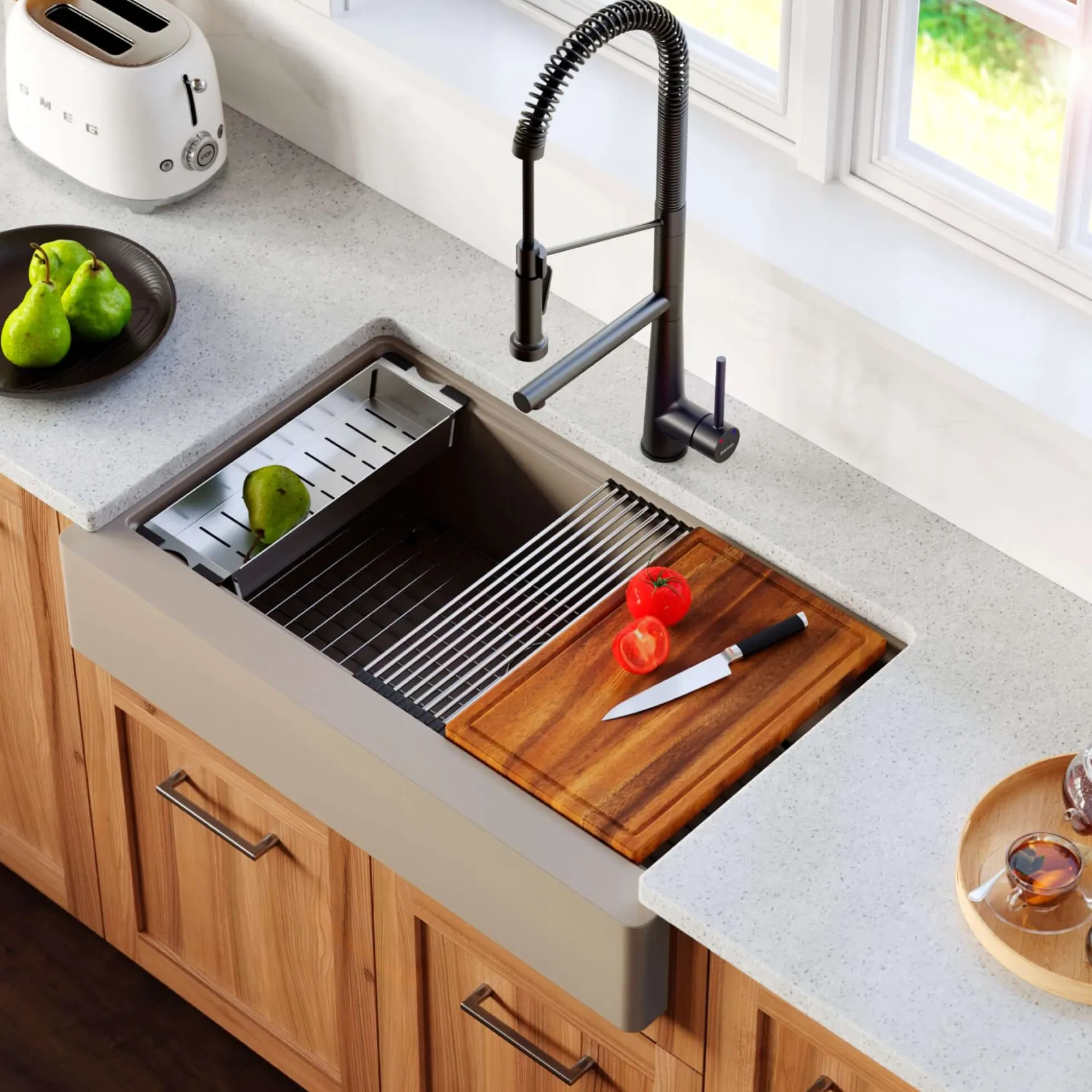 Karran 34" Quartz Composite Retrofit Workstation Farmhouse Sink with Accessories, Concrete, QARWS-740-CN
