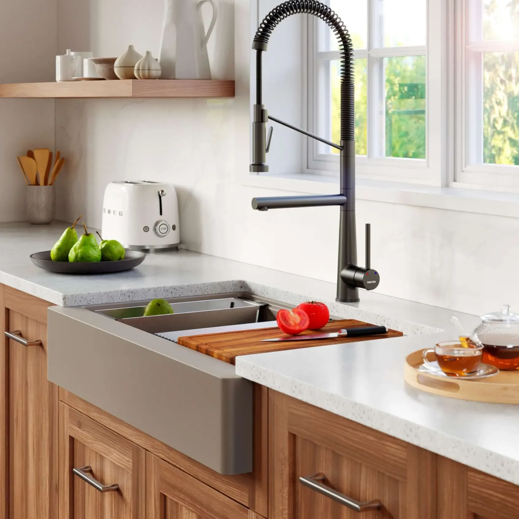 Karran 34" Quartz Composite Retrofit Workstation Farmhouse Sink with Accessories, Concrete, QARWS-740-CN