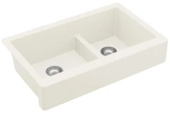 Karran 34" Quartz Composite Retrofit Farmhouse Sink, 60/40 Double Bowl, White, QAR-760-WH