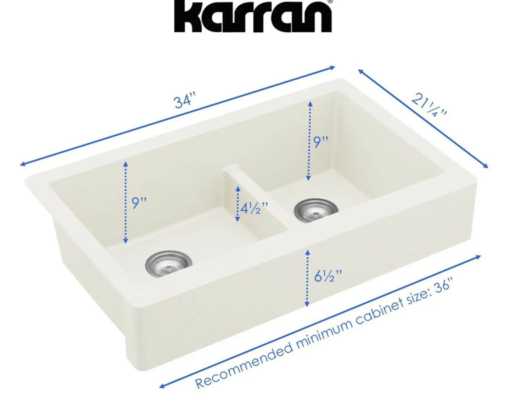Karran 34" Quartz Composite Retrofit Farmhouse Sink, 60/40 Double Bowl, White, QAR-760-WH
