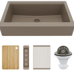 Karran 34" Quartz Composite Retrofit Workstation Farmhouse Sink, Concrete, QARWS-740-CN-PK2