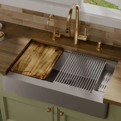 Karran 34" Quartz Composite Retrofit Workstation Farmhouse Sink, Grey, QARWS-740-GR-PK2