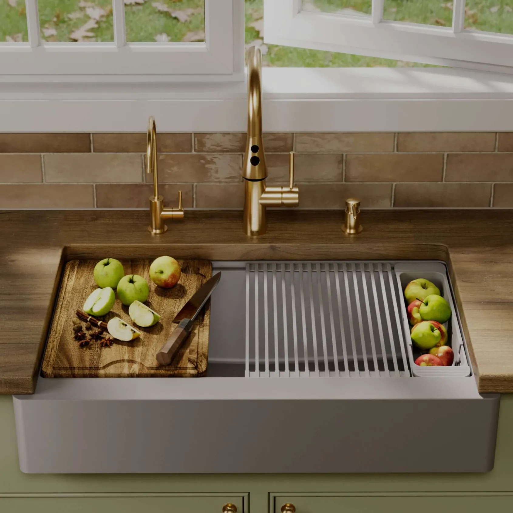 Karran 34" Quartz Composite Retrofit Workstation Farmhouse Sink, Grey, QARWS-740-GR-PK2