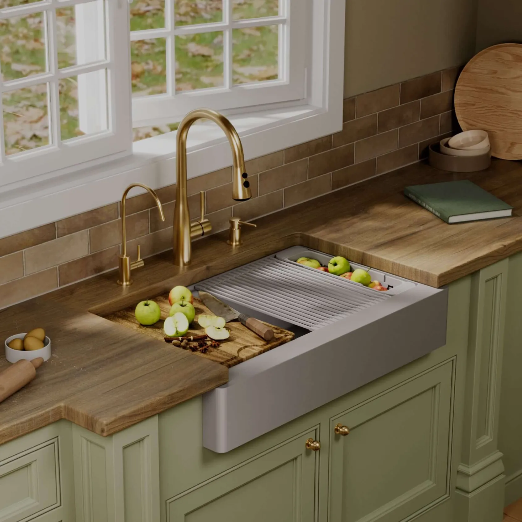Karran 34" Quartz Composite Retrofit Workstation Farmhouse Sink, Grey, QARWS-740-GR-PK2